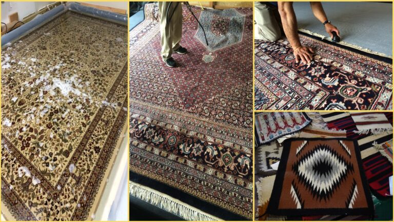 man washing various rugs