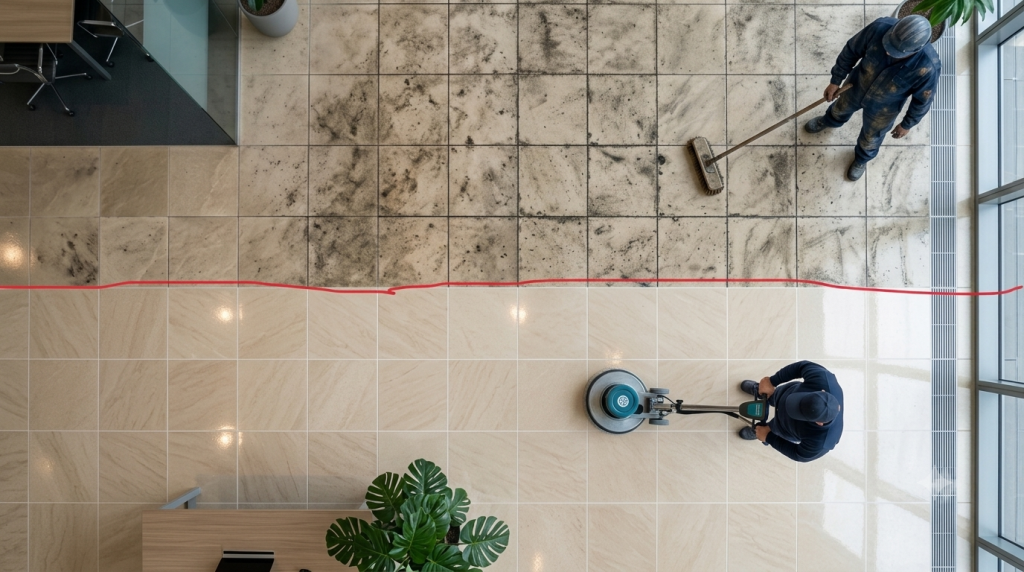 two techs professionally cleaning tile and grout in a commercial space, half cleaned, half still dirty