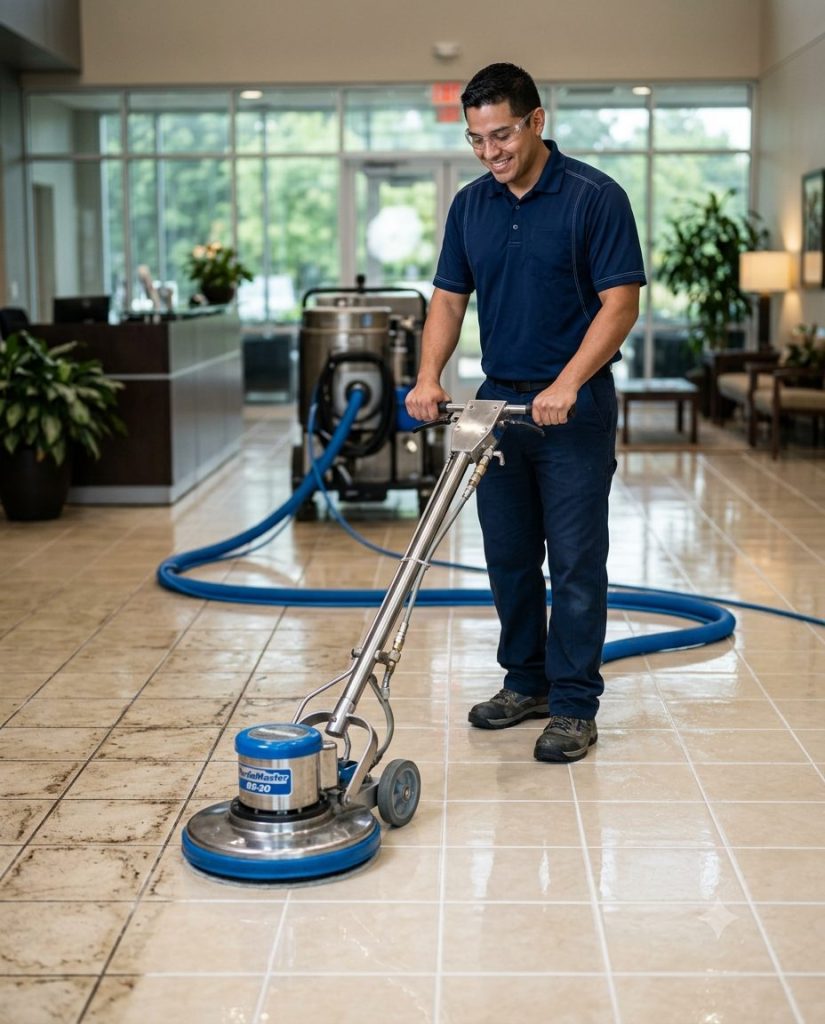 a cleaning tech buffing a tile floor that is half clean and half dirty still