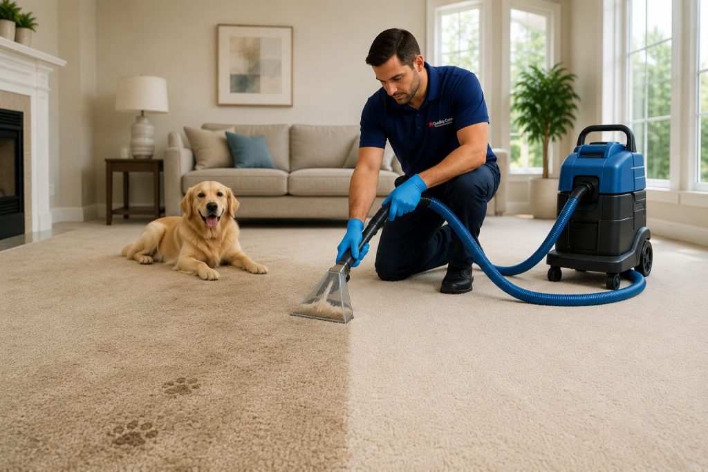 a tech using a carpet cleaning machine to clean up pet odor and stains on a carpet in a livign room with a dog next to him