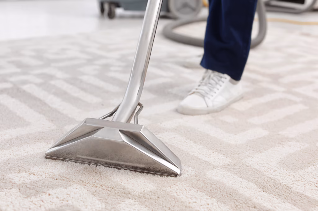 a professional carpet cleaning machine professionally cleaning a white area rug with a pattern